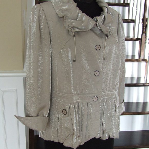 Elegant Beige Metallic Peplum Jacket Blazer L - Picture 6 of 8